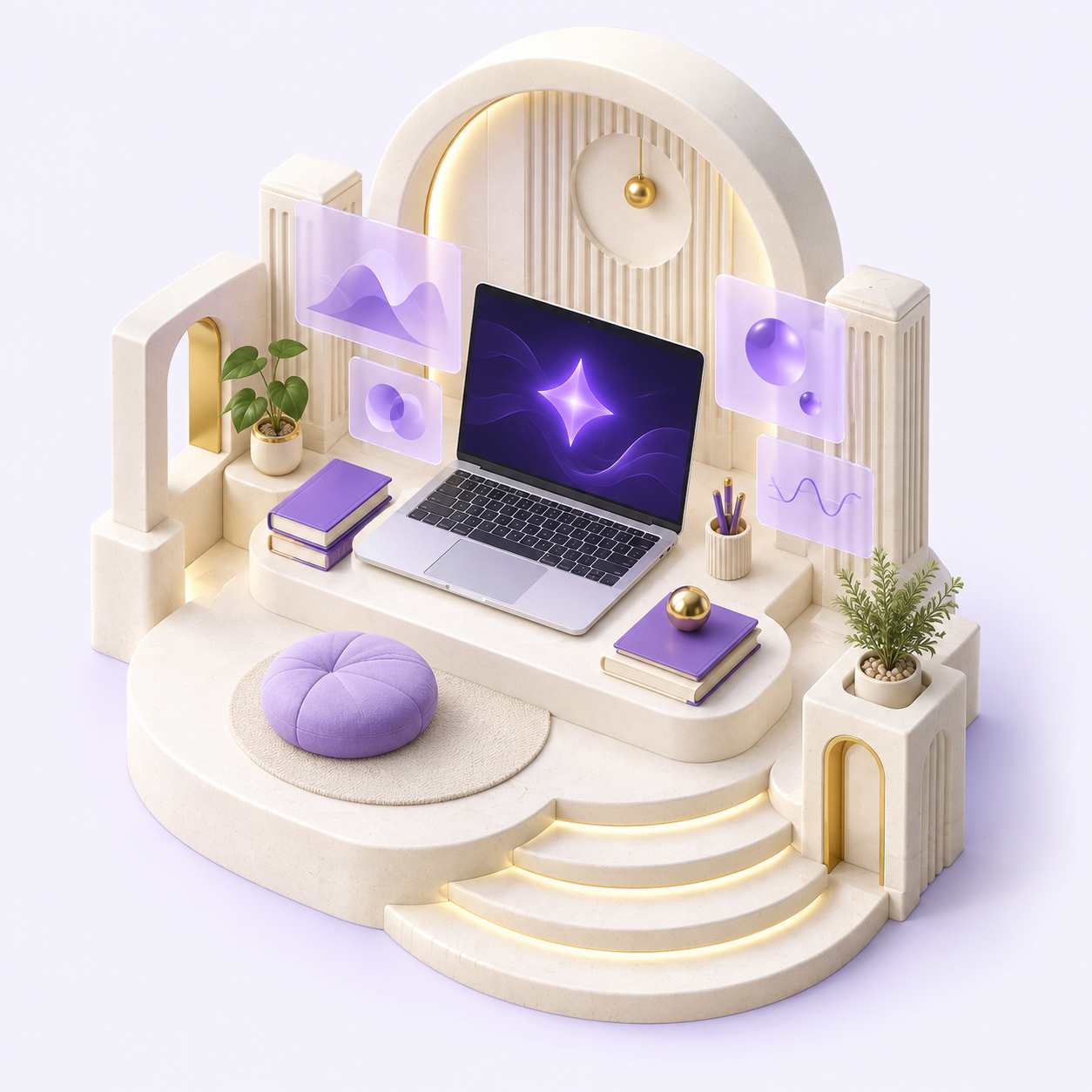 A miniature 3D creative studio with cream architecture, a laptop, lavender AI panels and small gold accents.